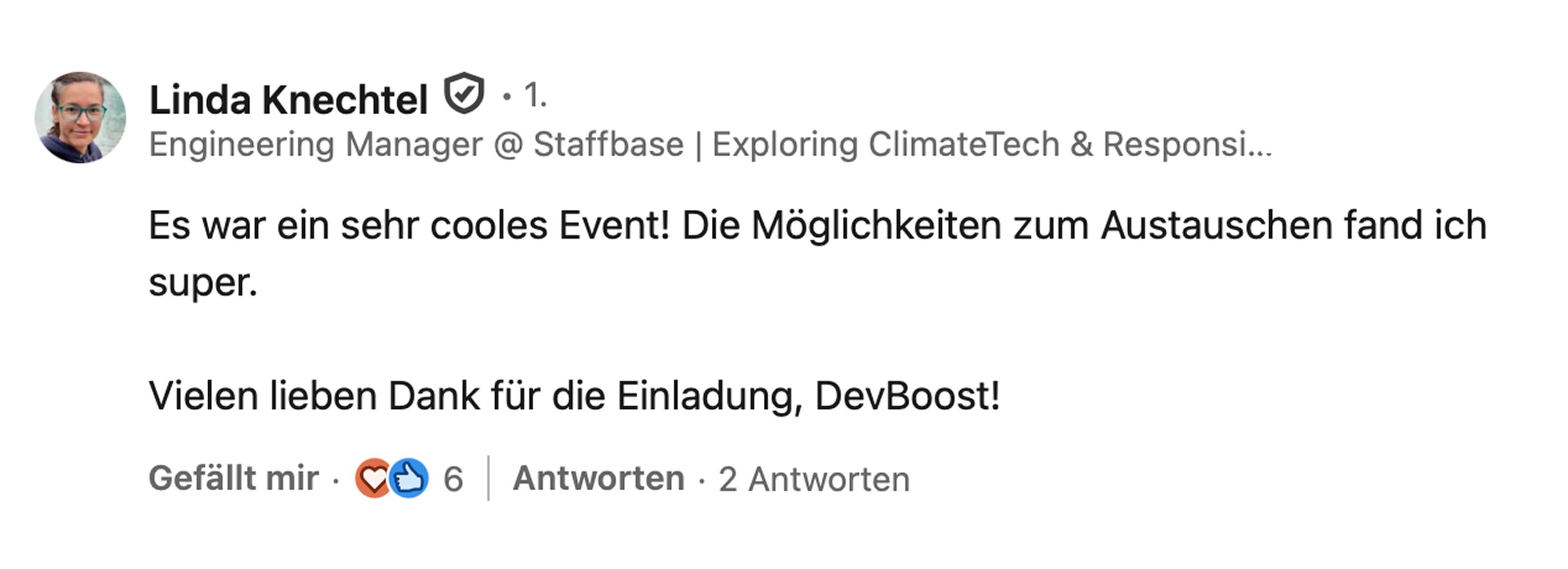 Linda Knechtel, Engineering Manager bei Staffbase: Es war ein sehr cooles Event! Die Möglichkeiten zum Austauschen fand ich super. Vielen lieben Dank für die Einladung, DevBoost!